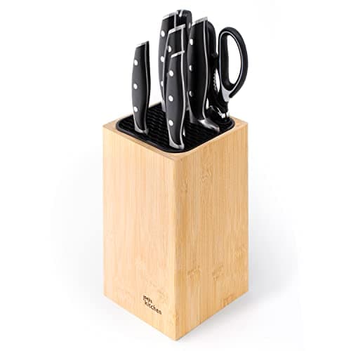 Image of Joejis Universal Knife Block Without Knives with Extra Slots for Scissors & Sharpening Rod, Bamboo Knife Block only, Easy to Clean & Drain Kitchen Knife Holder