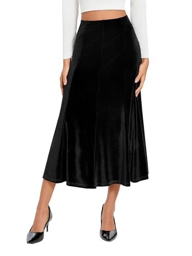 Image of Urban Coco Women's Elegant Vintage Velvet Long Midi Skirt High Waist A-Line Skirts 2025 Fall Winter, Black, XL