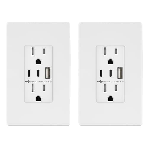 Image of TOPGREENER 4.2A 3-Port Type C USB Outlet, 15 Amp Receptacle Plug, Charging Power Outlet with Dual Type C&A Ports, Screwless Wall Plate Included, UL Listed, TU21542AC2-WSID, White, 2 Pack