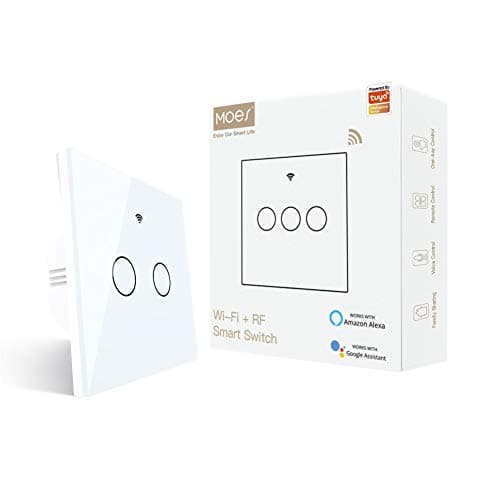 Image of MOES WiFi RF433 Smart Light Switch, No Neutral Wire Needed, Single Live Wire Touch Wall Switch, Compatible with Smart Life/Tuya App, Voice Control Available with Alexa Google Home, 1 Way White, 2 Gang