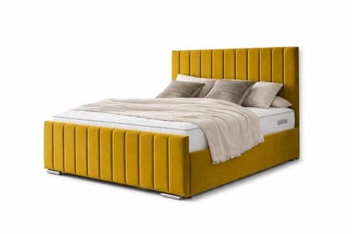 Image of Plush Divan Bed Frame with Storage, 46-Inch Upholstered Headboard, 20-Inch Footboard, Contemporary Design, Small Double (Mustard, 4ft6)