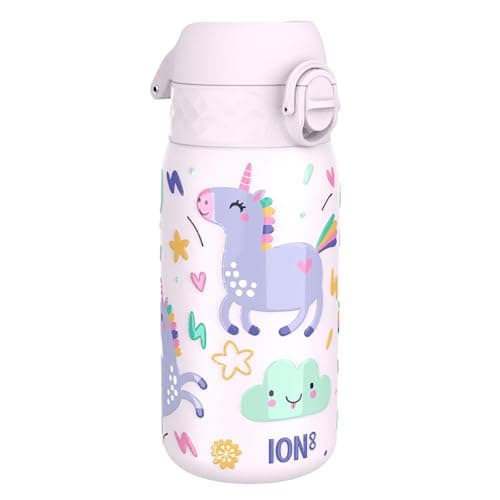 Image of Ion8 Kids Water Bottle, Steel 400 ml/13 oz, Leak Proof, Easy to Open, Secure Lock, Dishwasher Safe, Flip Cover, Carry Handle, Easy Clean, Durable, Metal Water Bottle, Raised Print,Unicorns