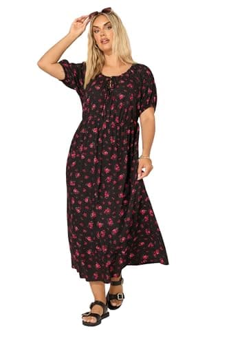 Image of Yours Curve Ditsy Floral Tie Neck Maxi Dress - Women's - Plus Size Curve Black