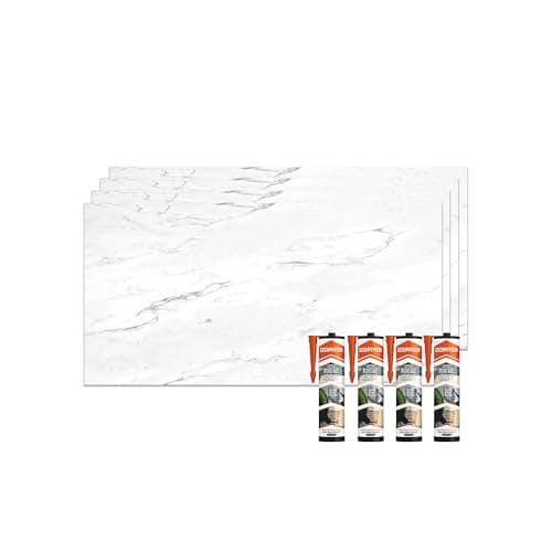 Image of IZODEKOR SPC Wall Panel Marble Look White 60 x 120 cm - 4 Pieces + 4 Adhesives - Kitchen Back Wall, Waterproof, Heat Resistant Splash Guard - PVC Wall Cladding for Kitchen & Bathroom - Oslo White