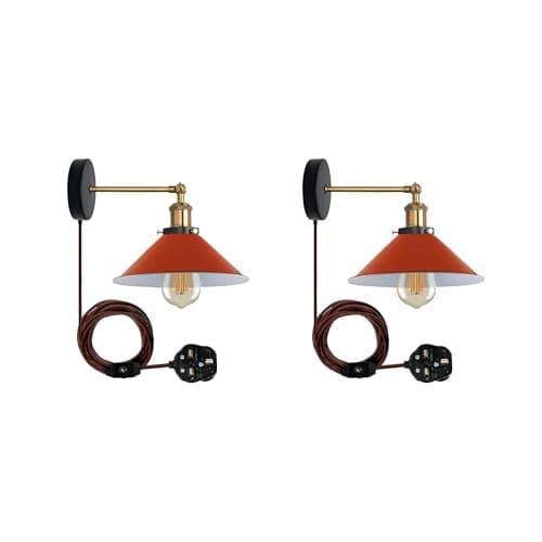 Image of LEDSone Industrial Wall Sconce Adjustable Arm Light dimmer Switch Plug in 22cm Orange Metal Cone Lamp Shade with E27 Base Wall Lights for Restaurant Office and Indoor Home Decor