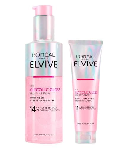 Image of L'Oréal Paris Elvive Glycolic Gloss Hair Set Elseve with Glycolic Acid Leave-In Serum Porous and Dull Hair Long-lasting Smooth 150ml + Conditioner Fills and Seals Hair Fibres 150ml - 2 Bottles