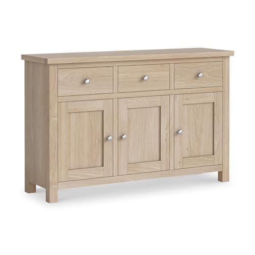 Image of RoselandFurniture Farro Oak Sideboard for Living Room Large Storage Cabinet | Fully Assembled 3 Door Solid Wooden Washed Oak Cupboard with 3 Drawers for Hallway or Dining Room