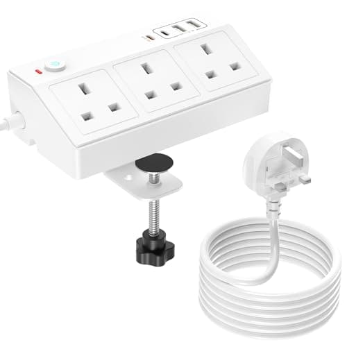 Image of Desk Power Socket with USB Slots, HAFINO PD 20W Fast Charging Power Station, 3M White Extension Lead with Removable Clamp, Desktop Power Strip for Home Office