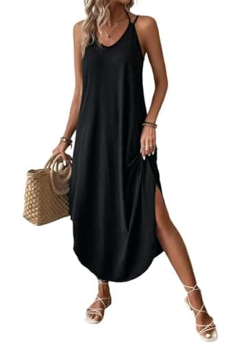 Image of Chicrise Women Dresses Summer V-Neck Maxi Dress Sleeveless Loose Long Beach Sundress Split Casual Black Small 24-26