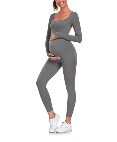 Image of EastElegant Maternity Seamless Yoga Jumpsuits Women's One Piece Workout Bodysuits Ribbed Square Neck Long Sleeved Romper, Grey, Small