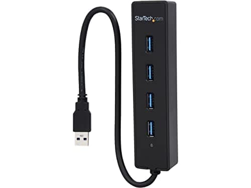 Image of StarTech.com 4-Port USB 3.0 Hub with Built-in Cable - SuperSpeed Laptop USB Hub - Portable USB Splitter - Mini USB Hub (ST4300PBU3), Black
