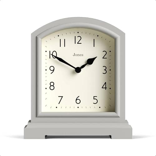 Image of Jones Clocks® Tavern mantel clock | Small modern arch top design | Pale grey | Contemporary classic style for desk, table, shelf or bedside