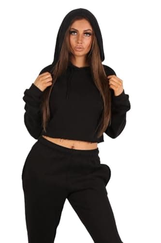 Image of Women Pullover Hoodie Hooded Top Cropped Sweatshirts Ladies Casual Solid Long Sleeve Shirt Hooded Crop Tops (UK, Numeric, 8, 10, Regular, Regular, Black)