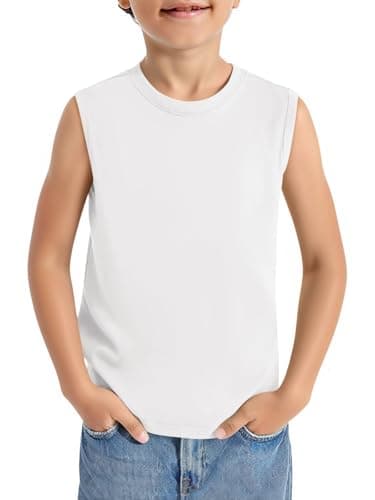 Image of Haloumoning Boys Tank Top Sleeveless Round Neck T-Shirt Summer Training Gym Sports Running Shirt Basic Solid Color Undershirts, White, 7-8 Years