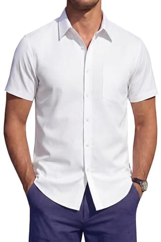 Image of HISDERN Men's Short Sleeve Shirt Stretch Non Iron Formal Summer Button Down Shirts Regular Fit Business Office Smart Casual with Pocket White 3XL