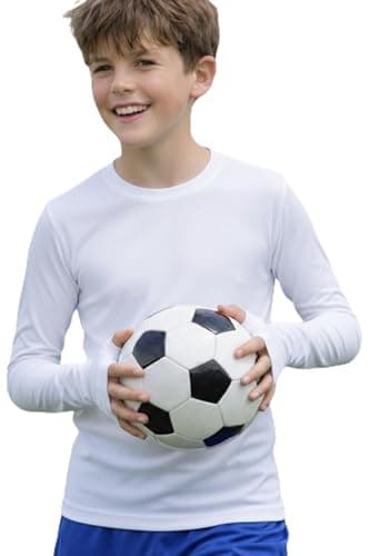 Image of Re Tech UK - Boys Cotton Base Layer with Thumbholes - Lightweight Skins for Boys - Kids Thermal Top - Underlayer - White or White Long Sleeve-Shirt - Base Layers for Football Rugby, (White 12-13)