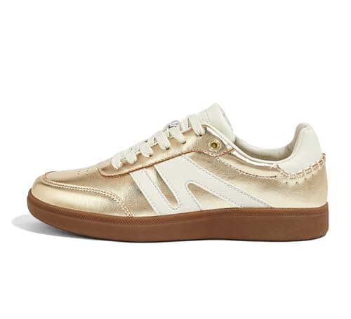 Image of LUCKY STEP Women Classic Retro Gum Sole Fashion Sneakers Casual Tennis Skate Shoe Genuine Leather Walking Footwear Anti Slip Trainers (Gold, 8.5US-39EU-6UK)