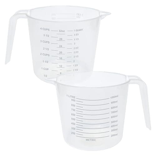 Image of Set of 2 Plastic Lightweight 1L Measuring Jugs, Sturdy and Hardwearing, Easily Storable and Stackable, Measuring Scale Markings on The Side in ml and Ounces, BPA Free