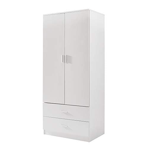 Image of Panana 2 Door Combination Wardrobe Tall Big Wooden Wardrobe With 2 Big Drawers Bedroom Storage Units With Hanging Bar Clothes (White)