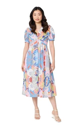 Image of Izabel London Abstract Ruched Front Empire Midi Dress for Women UK with Short Sleeves and a v-Neck. Blue