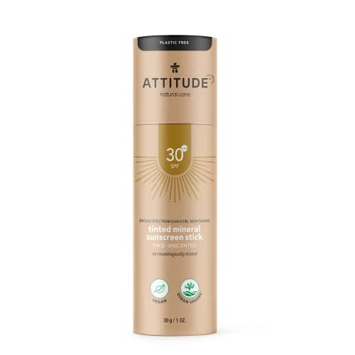 Image of ATTITUDE Tinted Face Sunscreen Stick SPF 30, Plastic-Free Waterless, Plant and Mineral-Based Ingredients, Vegan Sun Care Products, Unscented, 30 grams
