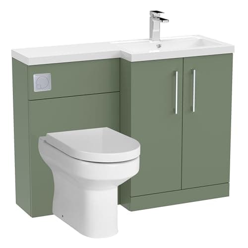 Image of Balterley Vanity Unit with Basin, WC Unit with Toilet Pan, Seat, Cistern, Floor Standing 2 Door Soft Close Vanity, Toilet Pan with Soft Close Seat, Right Hand Bathroom Sink Storage (Green)