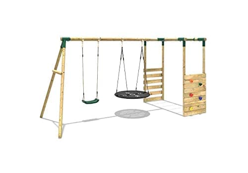 Image of Rebo Wooden Garden Children's Swing Set with Monkey Bar Attachment - Meteorite Green