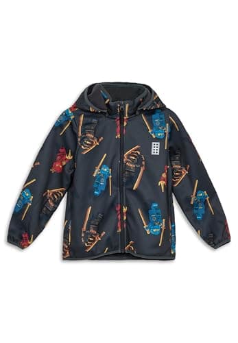 Image of LEGO Ninjago Softshell Jacket for Boys - Windproof and Water-Repellent Jacket with All-Over Print | Cuddly Fleece Lining and Removable Hood, darkgray, 128