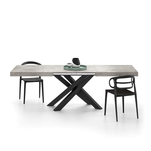 Image of Mobili Fiver, Emma 160(240) x90 cm Extendable Table, Concrete Effect, Grey with Black Crossed Legs, Made in Italy