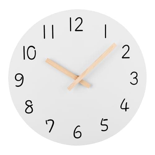 Image of Plumeet 10'' Wooden Wall Clock, Small Frameless Wall Clocks with Silent Quartz Movement, Modern Style White Clocks Decorative Home Kitchen, Battery Operated (10 inch, White)