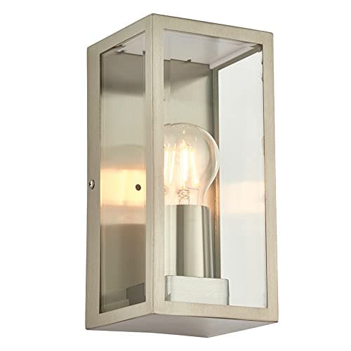 Image of National Lighting Outdoor Wall Light - Brushed Stainless Steel Boxed Lantern with Glass Panels - IP44 Rated Outside Light - Compatible with 28W 240V E27 Eco GLS or LED E27 (Not Included)