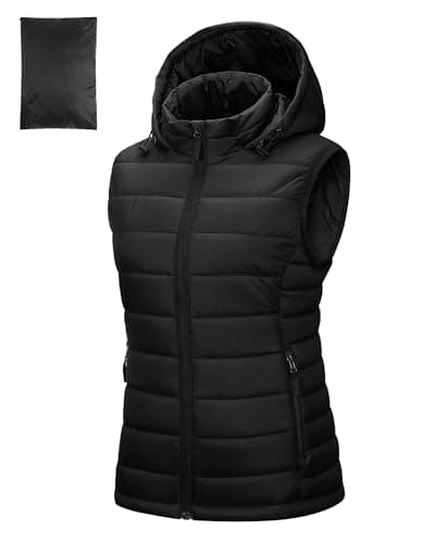 Image of Outdoor Ventures Womens Puffer Gilet with Hood Packable Quilted Vest Padded Outwear Vest Bodywarmer Ladies Windproof Sleeveless Jacket for Golf Hiking Cycling Black L