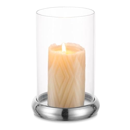 Image of Sziqiqi Hurricane Candle Holder - Clear Glass Pillar Candle Holder Cylinder Lantern with Metal Tray for Mantel Fireplace Coffee Dining Table Decorative Table Centrepieces for Christmas Wedding, Silver