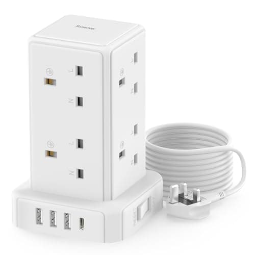 Image of Tower Extension lead 3M, [13A 3250W] Surge Protection Extension lead with Switch, 8 AC Outlets & 4 USB Ports Plug Extension Socket, Extension Cable 3M Mini Power Strip for Office, Home, Kitchen