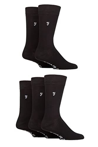 Image of Farah Mens Bamboo Socks Plain and Patterned Striped Argyle Spotty Designs, Bright Colourful, Gift for Him, 5 Pairs - Plain Black 6-11