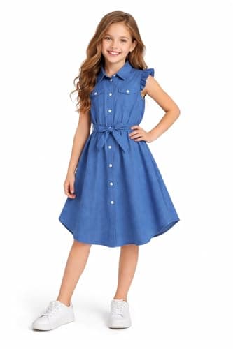 Image of es-uk Girls Denim-Look Shirt Dress Sleeveless Summer Casual Dress with Waist Tie & Ruffled Sleeves (Age 7–12 Years) (10-11 Years)