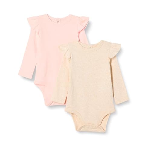 Image of Amazon Essentials Baby Girls' Long-Sleeved Ruffled Bodies, Pack of 2, Oatmeal Heather/Pale Pink, 12 Months