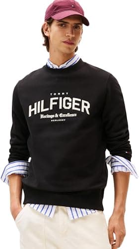 Image of Tommy Hilfiger Men’s Regular Fit Arch Crew Neck Sweatshirt, Black (Black), M