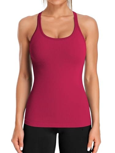 Image of ATTRACO Women Sports Vest with Built in Bra Workout Gym Tops Running Shirts Sport Yoga Tank Tops Red M