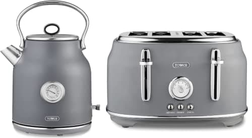 Image of RKW Tower Renaissance Grey 3KW 1,7L Kettle & 4 Slice 1630W Toaster. Modern Grey Kettle & Toaster Set