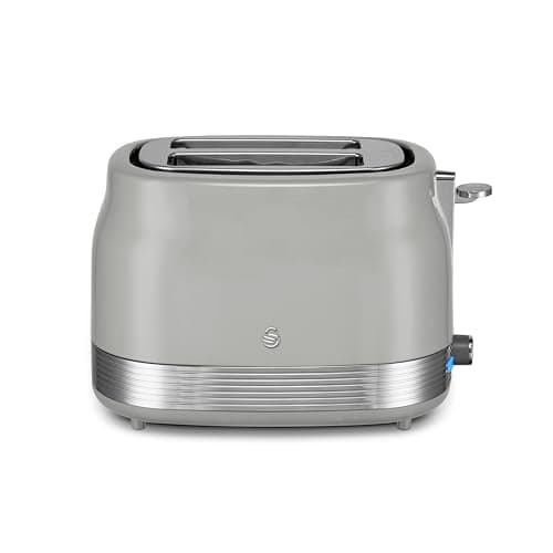 Image of Swan ST19028GRY Retro 2 Slice Toaster with 6 Browning Levels for Toast, Bagels, Breakfast Muffins, Defrost/Reheat/Cancel Functions, Hidden Cord Storage, Non-Slip Feet, 930W, Grey and Stainless Steel