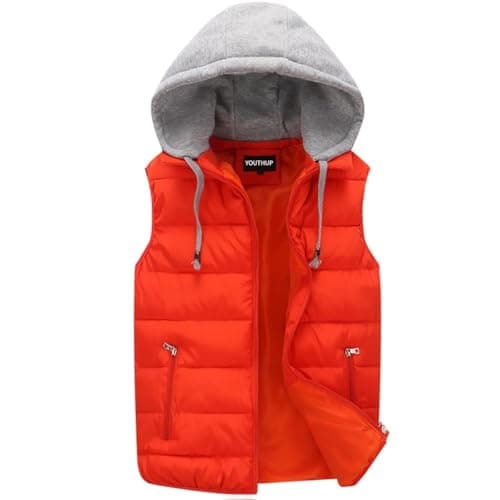 Image of YOUTHUP Men's Outwear Gilets Winter Padded Gilet with Hood Thick Puffer Quilted Body Warmer Sleeveless Jacket Orange, XL