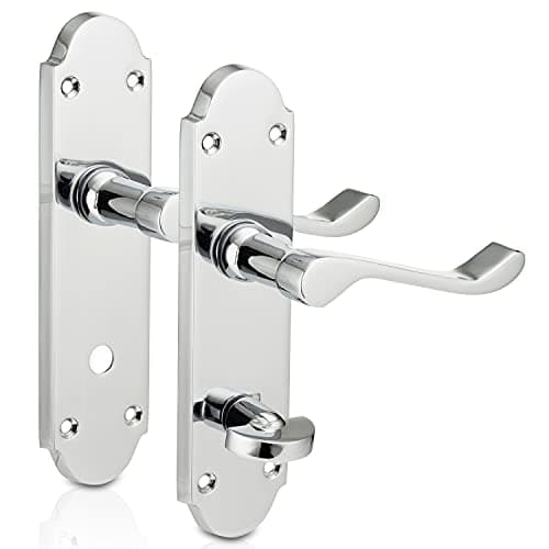 Image of XFORT® Richmond Scroll Bathroom Polished Chrome Door Handles, Elegant Door Handle Set, Epsom Shaped Handle on Long Back Plate, Ideal for Internal Wooden Bathroom, Restroom and Toilet Doors [1 Pair]