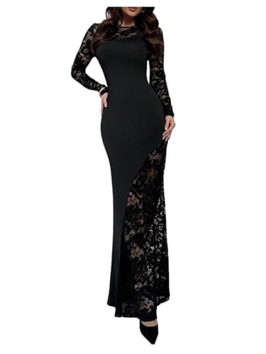 Image of GORGLITTER Women's Lace Sheer Fishtail Long Dresses Crewneck Long Sleeve Bodycon Maxi Cocktail Dress Black X-Large