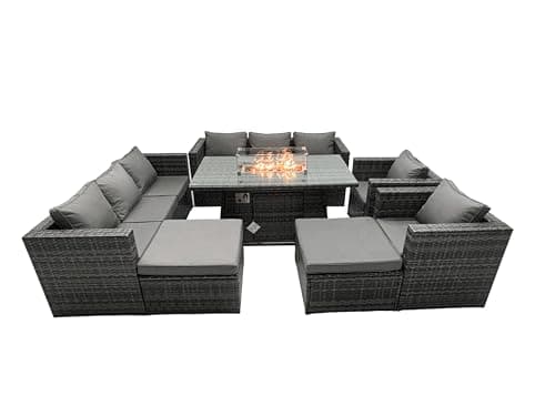 Image of FMSGarden Rattan Garden Furniture Firepit Dining Set 10 Seater Lounge Sofa Table Set with 2 big Footstool