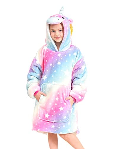 Image of Ceruwum Unicorn Hoodies for Girls, Unicorn Hooded Sweatshirt, Oversized Hoodie Blanket for Kids (Light Rainbow, 8-9 Years)