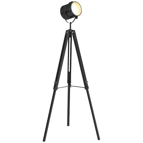 Image of HOMCOM Industrial Tripod Floor Lamp, Nautical Searchlight with Adjustable Height, Wood Legs, E14 Lamp Base for Living Room, Bedroom, Black