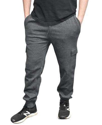 Image of Men's Cargo Joggers with Pockets, Regular Fit Fleece Trouser Elastic Waist Tracksuit Bottoms Casual Gym Sweatpants for Running, Workout, Sports, Travel and Daily Wear Charcoal Ribbed XL