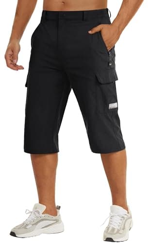 Image of TACVASEN 3/4 Shorts Men Cargo Hiking Walking Shorts Waterproof Tactical Zip Pockets Shorts Three Quarter Length Trousers Capri Stretchy Pants Black
