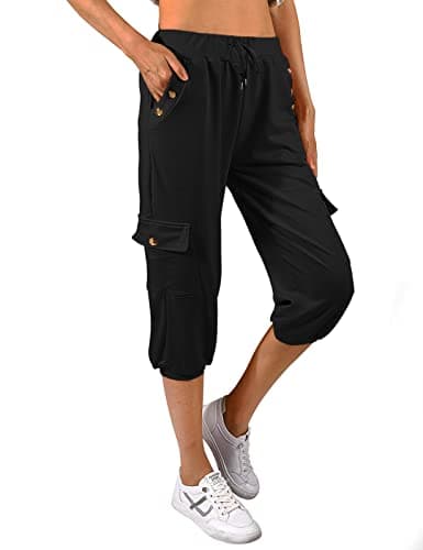 Image of heekpek Women Cropped Trousers Sweatpants Capri Trousers Casual Baggy Elastic Waist with Pockets Cropped Joggers for Yoga Workout Summer, Black, Size L